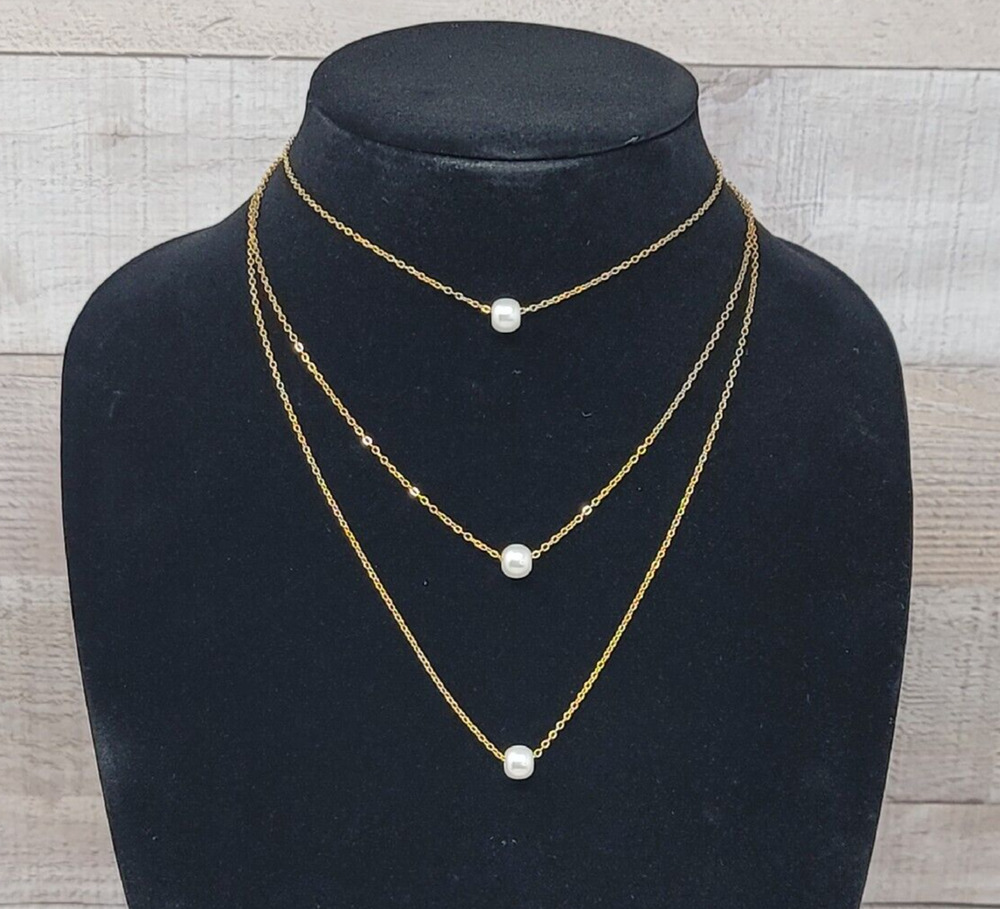 Dainty Necklace Multi Chain Goldtone Minimalist Simple Delicate White Beads